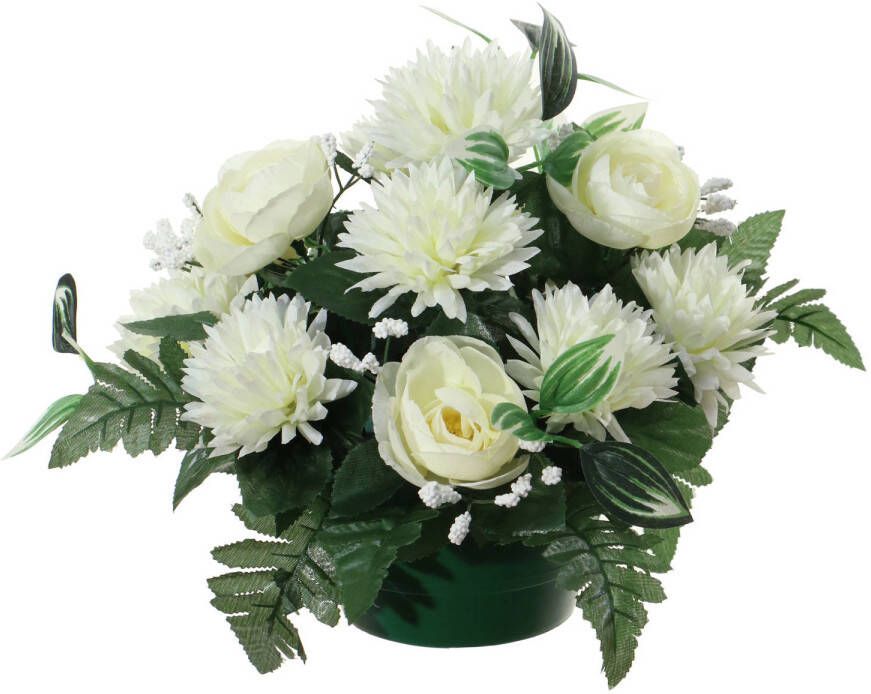Louis Maes Kunstbloemen plantje in pot wit 25 cm Bloemstuk ornament ranonkels asters met bladgroen Kunstbloeme