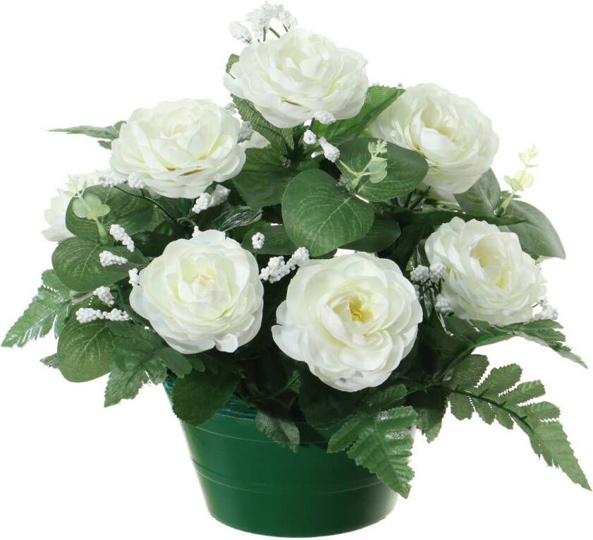 Louis Maes Kunstbloemen plantje in pot wit 25 cm Bloemstuk ornament rozen met bladgroen Kunstbloemen