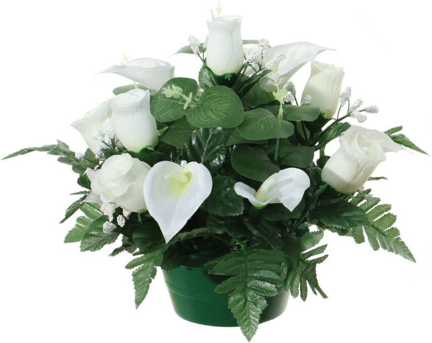 Louis Maes Kunstbloemen plantje in pot wit 26 cm Bloemstuk ornament rozen met bladgroen Kunstbloemen