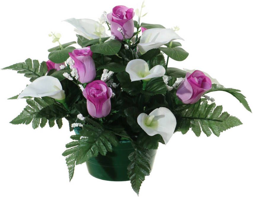 Louis Maes Kunstbloemen plantje in pot wit paars 26 cm Bloemstuk ornament rozen met bladgroen Kunstbloemen