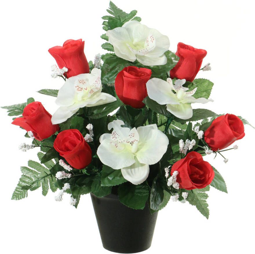 Louis Maes Kunstbloemen plantje in pot wit rood 28 cm Bloemstuk ornament rood bladgroen Kunstbloemen