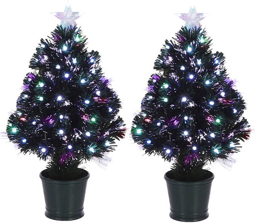 Luca Lighting Set van 2x stuks fiber optic kerstbomen kunstbomen met verlichting en piek ster 60 cm Kunstkerstboom