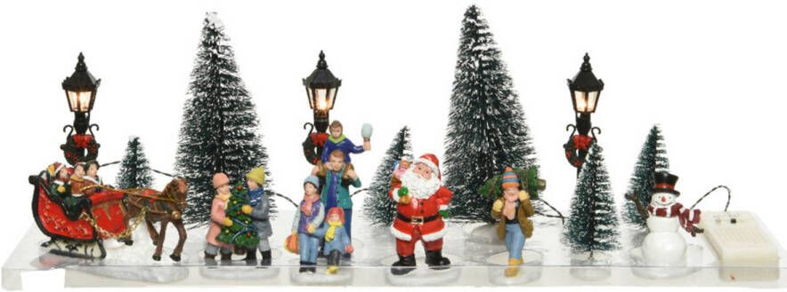 Lumineo 16x stuks Led kerstdorp accessoires figuurtjes poppetjes en kerstboompje 15cm Kerstdorpen