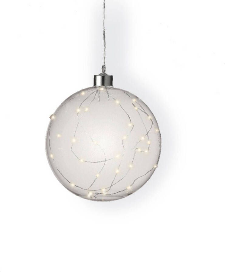 Lumineo 1x stuks verlichte glazen kerstballen met 40 lampjes zilver warm wit 20 cm kerstverlichting figuur