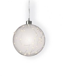Lumineo 1x stuks verlichte glazen kerstballen met 40 lampjes zilver warm wit 20 cm Decoratie kerstballen met licht kerstverlichting figuur