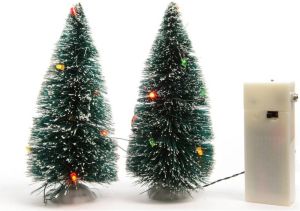 Lumineo 2x stuks kerstdorp onderdelen miniatuur boompjes met gekleurde verlichting 15 cm Kerstdorpen