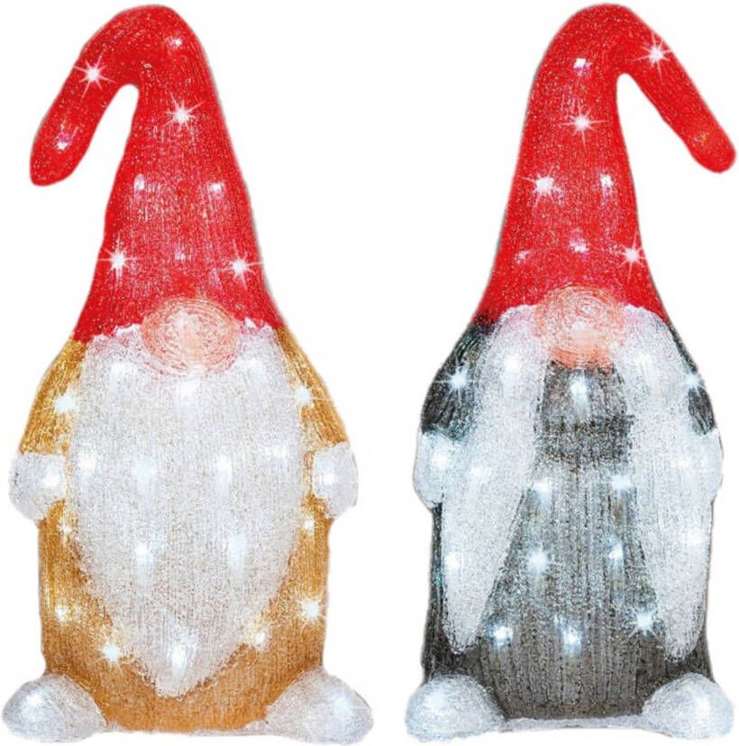 Lumineo 2x stuks kerstverlichting led figuren voor buiten gnome dwerg 44 cm met 60 lampjes helder wit kerstverlichting figuur