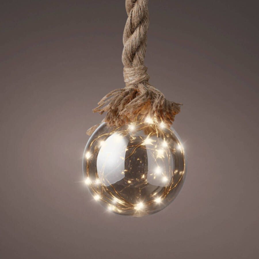 Lumineo 2x stuks verlichte glazen kerstballen aan touw met 15 lampjes zilver warm wit 10 cm diameter kerstverlichting figuur