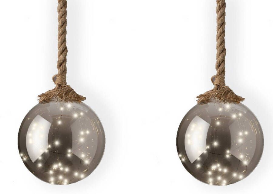 Lumineo 2x stuks verlichte glazen kerstballen aan touw met 40 lampjes zilver warm wit 20 cm kerstverlichting figuur