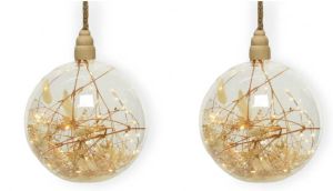 Lumineo 2x stuks verlichte glazen kerstballen met 40 lampjes koper warm wit 20 cm Decoratie kerstballen met licht kerstverlichting figuur