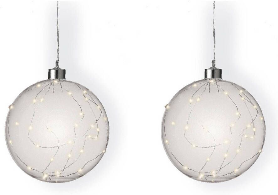Lumineo 2x stuks verlichte glazen kerstballen met 40 lampjes zilver warm wit 20 cm kerstverlichting figuur