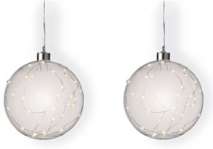 Lumineo 2x stuks verlichte glazen kerstballen met 40 lampjes zilver warm wit 20 cm Decoratie kerstballen met licht kerstverlichting figuur