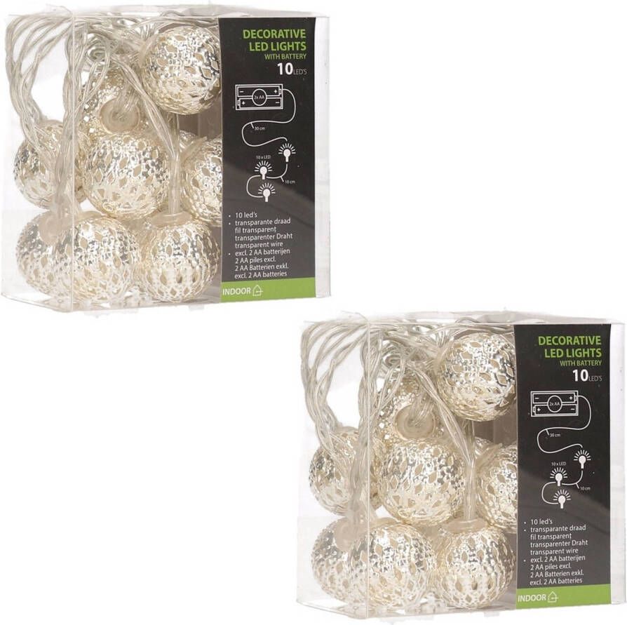 Lumineo 2x stuks zilveren kerstballen slingers met witte led verlichting Lichtsnoeren