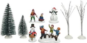 Lumineo 8x stuks kerstdorp accessoires figuurtjes poppetjes en kerstboompje Kerstdorpen