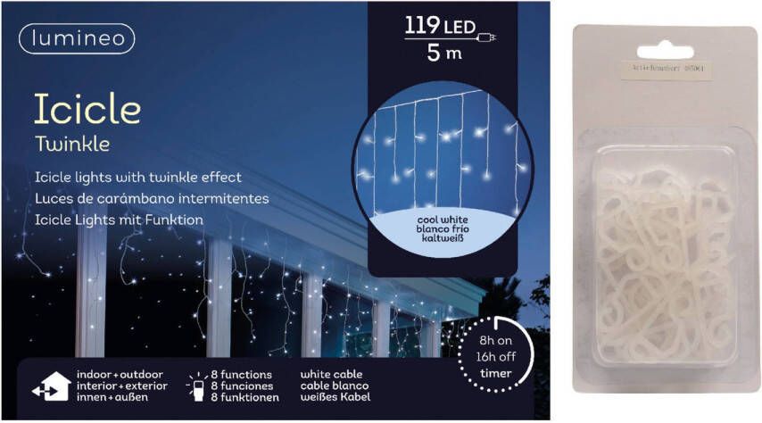 Lumineo IJspegel verlichting koel wit buiten 119 lampjes met dakgoot haakjes Kerstverlichting lichtgordijn