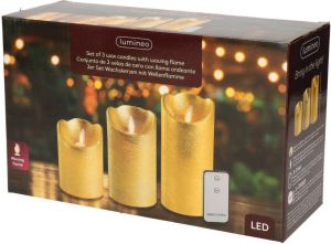 Lumineo Kaarsen set van 3x stuks led stompkaarsen goud met afstandsbediening Woondecoratie Elektrische kaarsen LED kaarsen