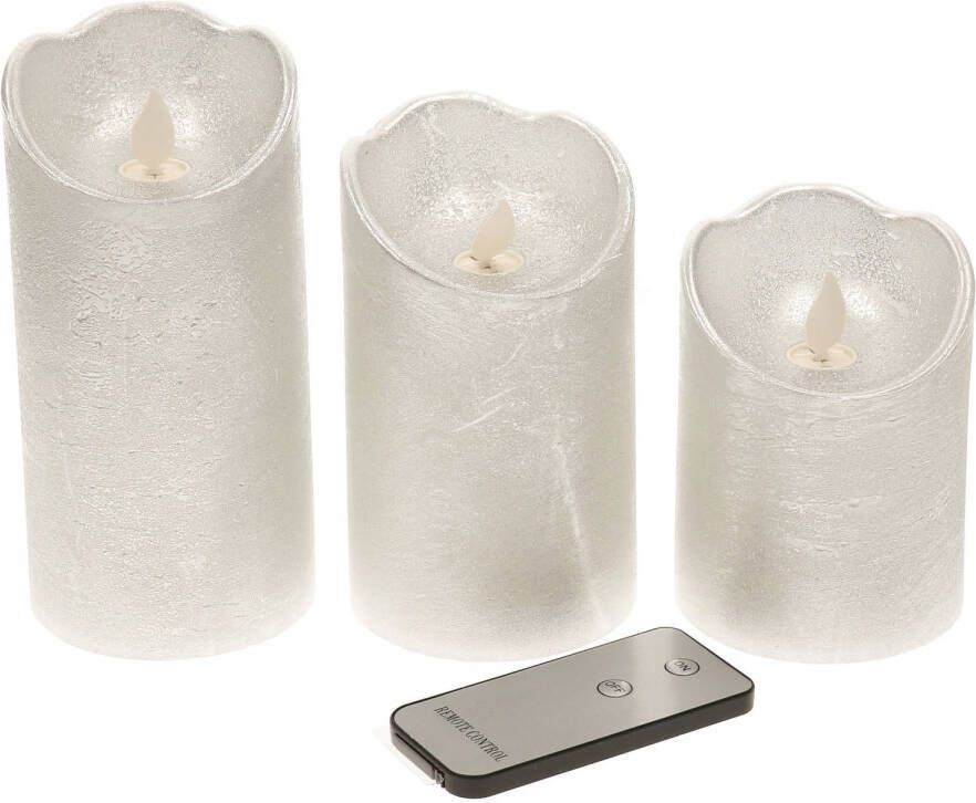 Lumineo Kaarsen set van 3x stuks led stompkaarsen zilver met afstandsbediening LED kaarsen