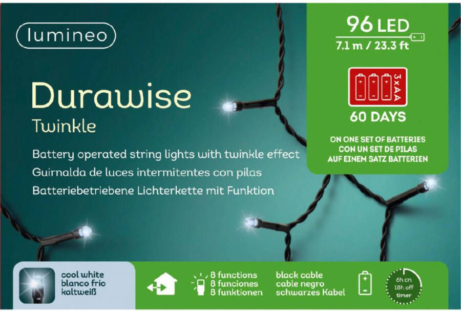 Lumineo LED Durawise twinkle buitenverlichting op batterij helder wit 96 lampjes Kerstverlichting kerstboom