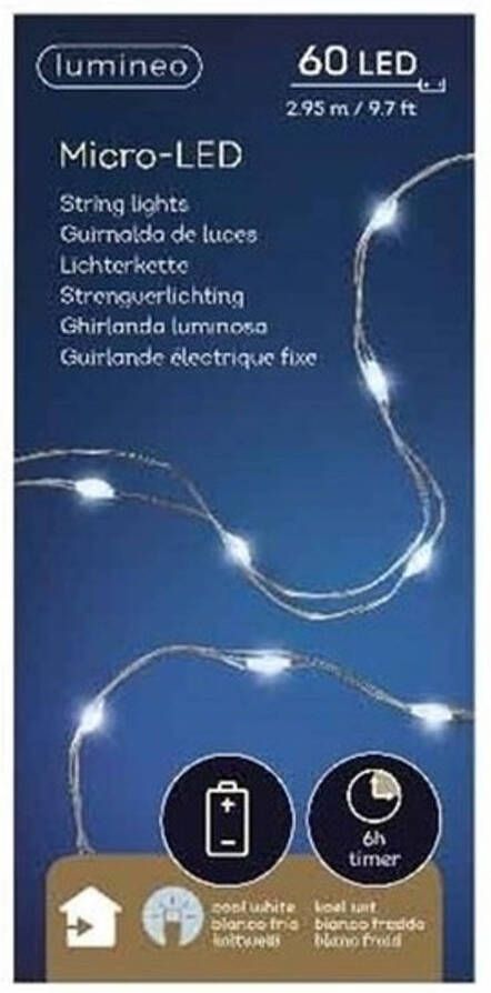 Lumineo Micro LED binnenverlichting op batterij helder wit 60 lampjes Lichtsnoeren