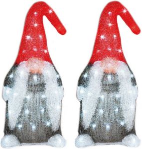 Lumineo Set van 2x stuks kerstverlichting Led figuren voor buiten gnome dwerg 19 x 22 x 44 cm met 60 lampjes helder wit kerstverlichting figuur