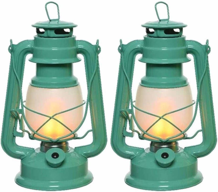 Lumineo Set van 2x stuks turquoise blauwe camping lantaarns 24 cm vuur effect LED licht Lantaarns