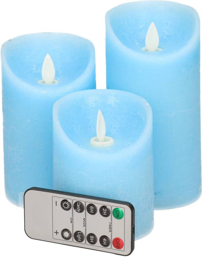 Magic Flame Kaarsen set van 3x stuks LED stompkaarsen blauw met afstandsbediening LED kaarsen