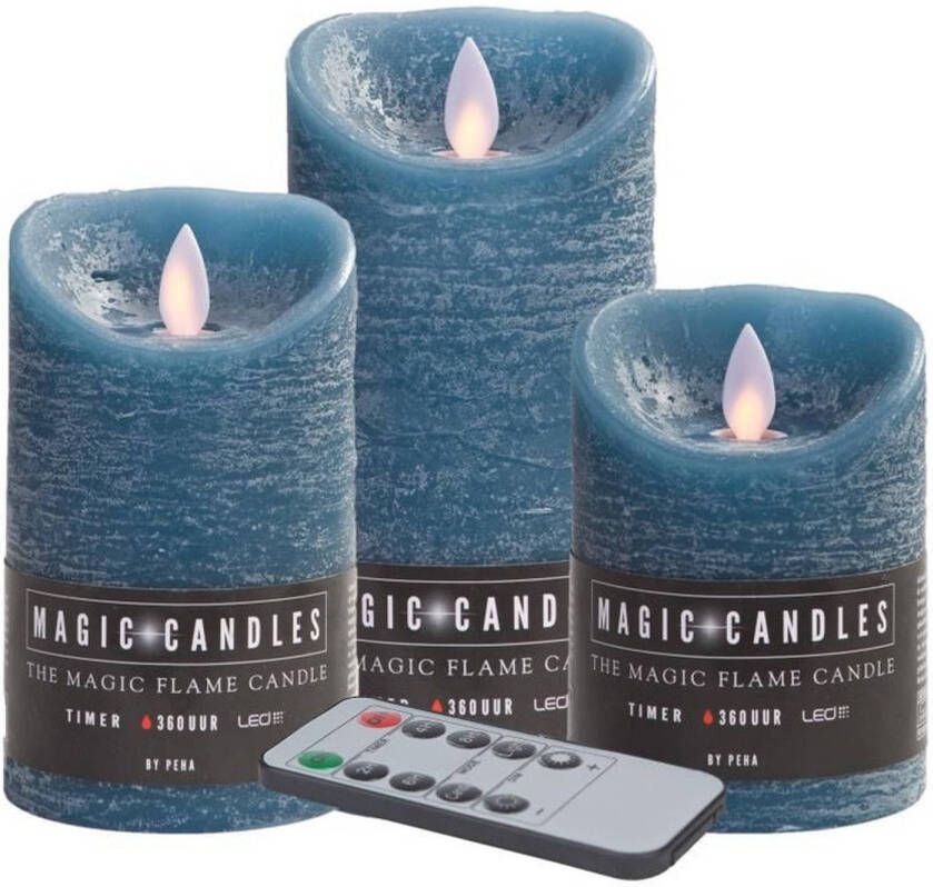 Magic Flame Kaarsen set van 3x stuks Led stompkaarsen jeans blauw met afstandsbediening LED kaarsen