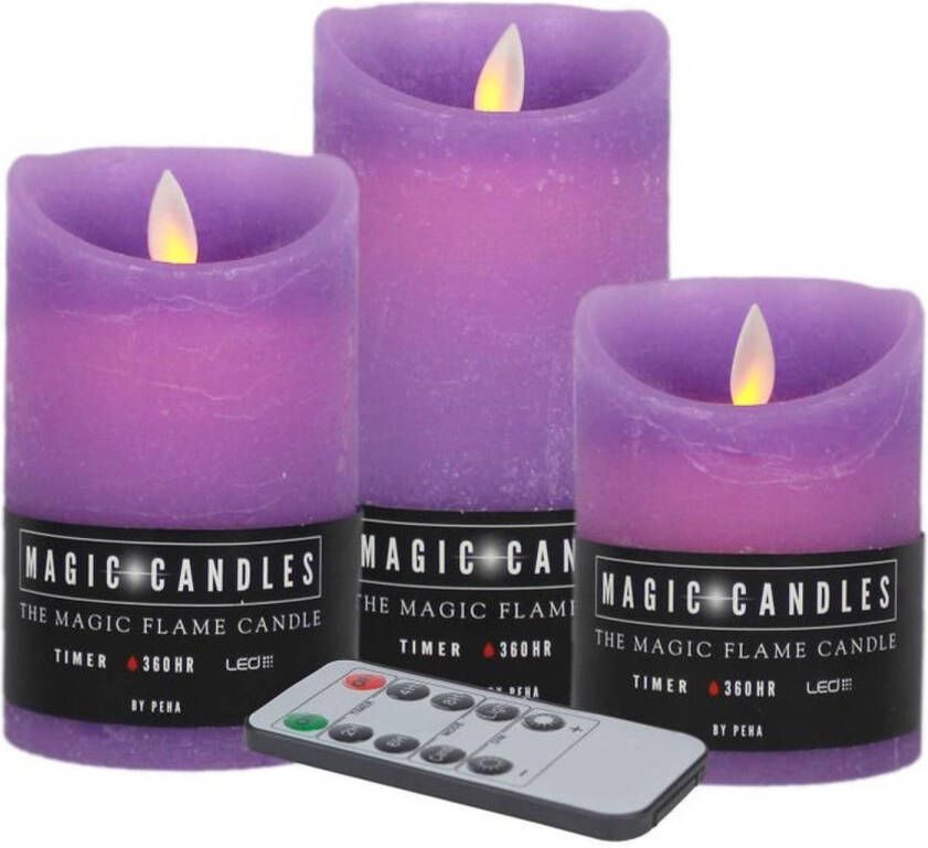 Peha Kaarsen set van 3x stuks LED stompkaarsen lavendel paars met afstandsbediening Woondecoratie Elektrische kaarsen LED kaarsen