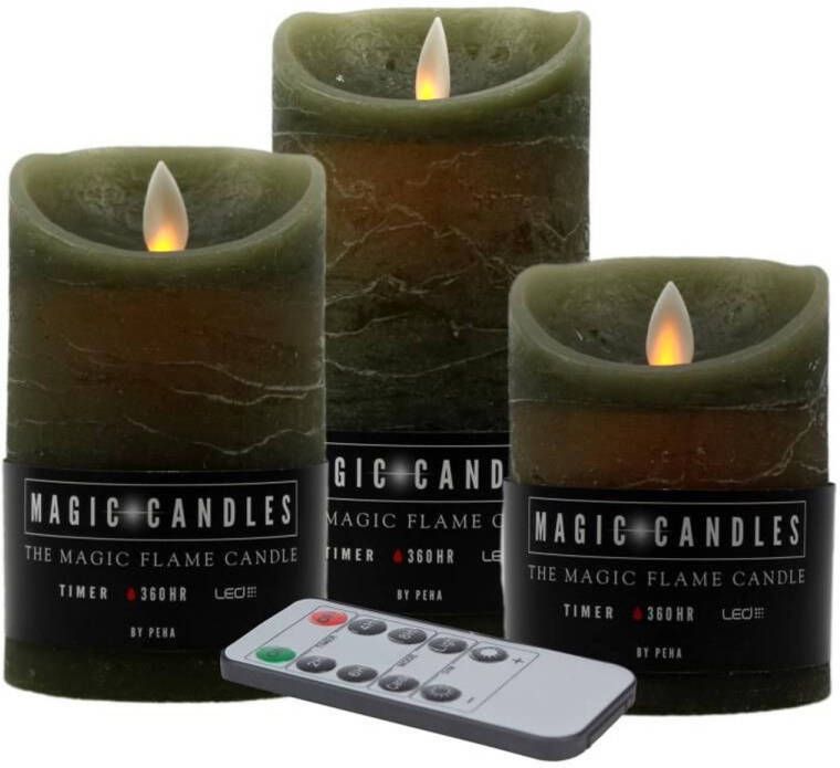 Magic Flame Kaarsen set van 3x stuks LED stompkaarsen olijf groen met afstandsbediening LED kaarsen
