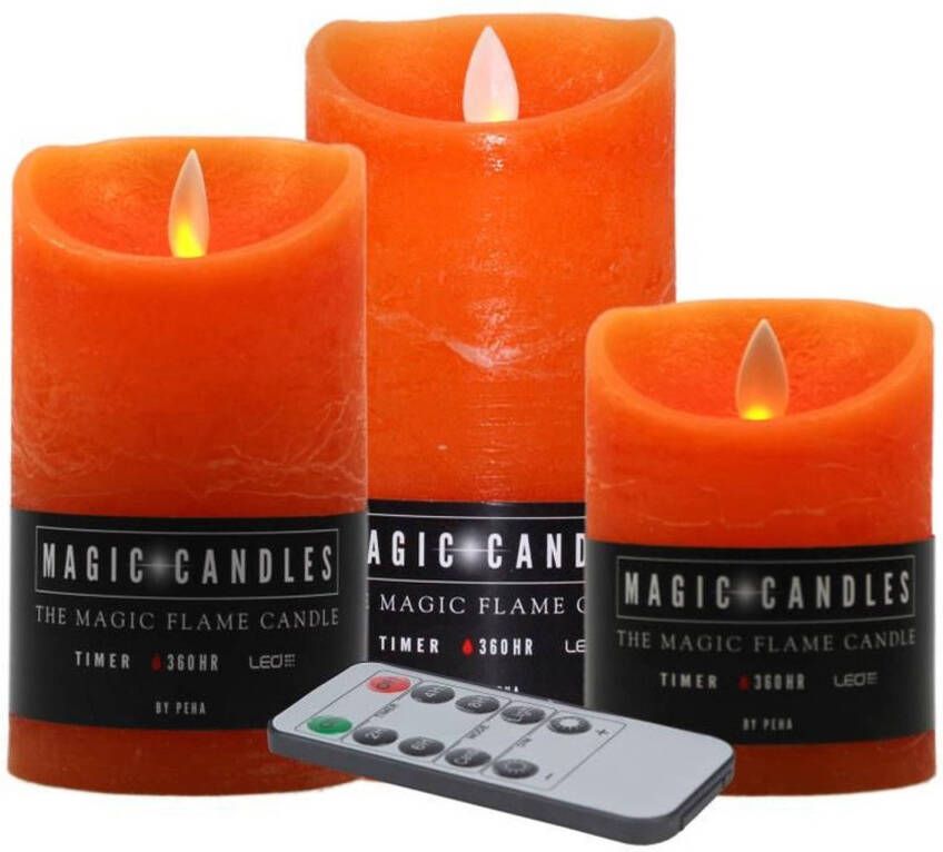 Magic Flame Kaarsen set van 3x stuks LED stompkaarsen oranje met afstandsbediening LED kaarsen
