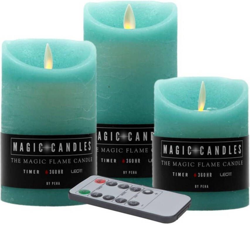 Magic Flame Kaarsen set van 3x stuks Led stompkaarsen turquoise blauw met afstandsbediening LED kaarsen