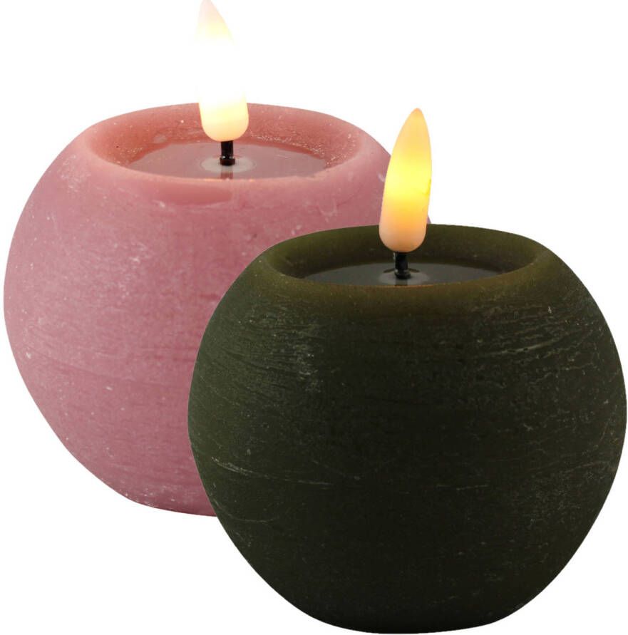 Magic Flame LED kaarsen bolkaarsen 2x- rond olijf groen en roze -D8 x H7 5 cm LED kaarsen