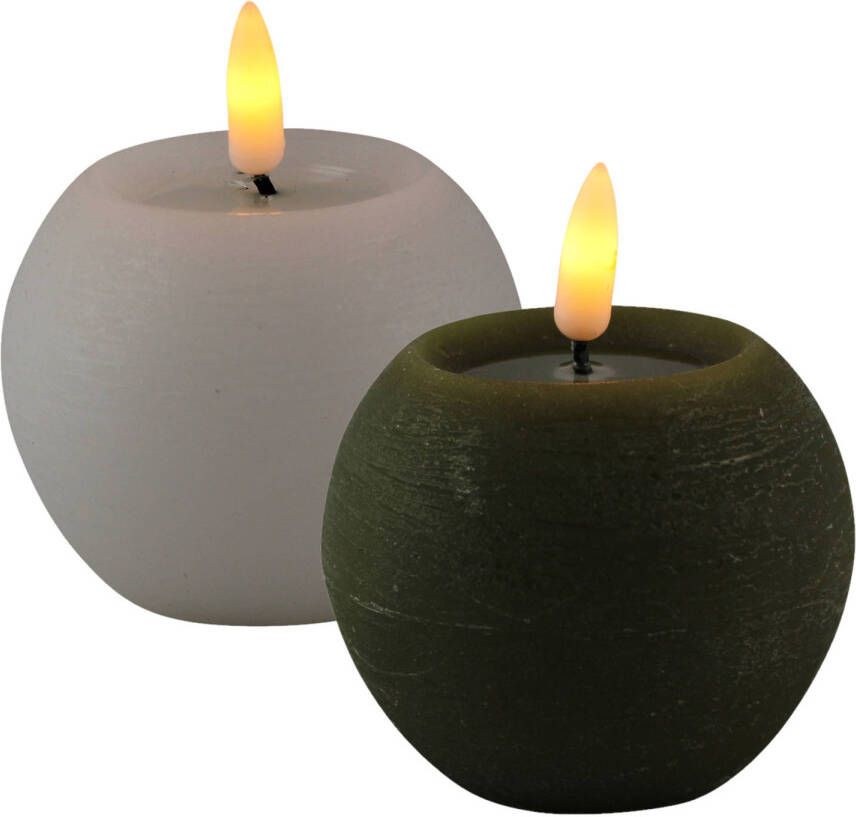 Magic Flame LED kaarsen bolkaarsen 2x- rond olijf groen en wit -D8 x H7 5 cm LED kaarsen