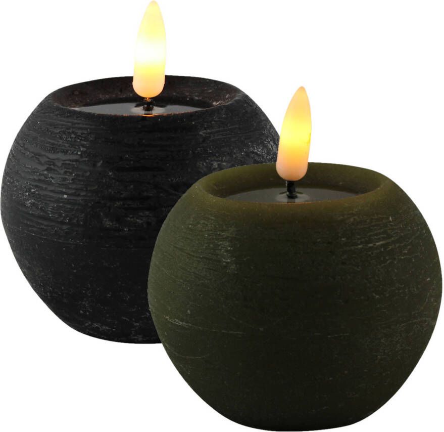 Magic Flame LED kaarsen bolkaarsen 2x- rond zwart en olijf groen -D8 x H7 5 cm LED kaarsen