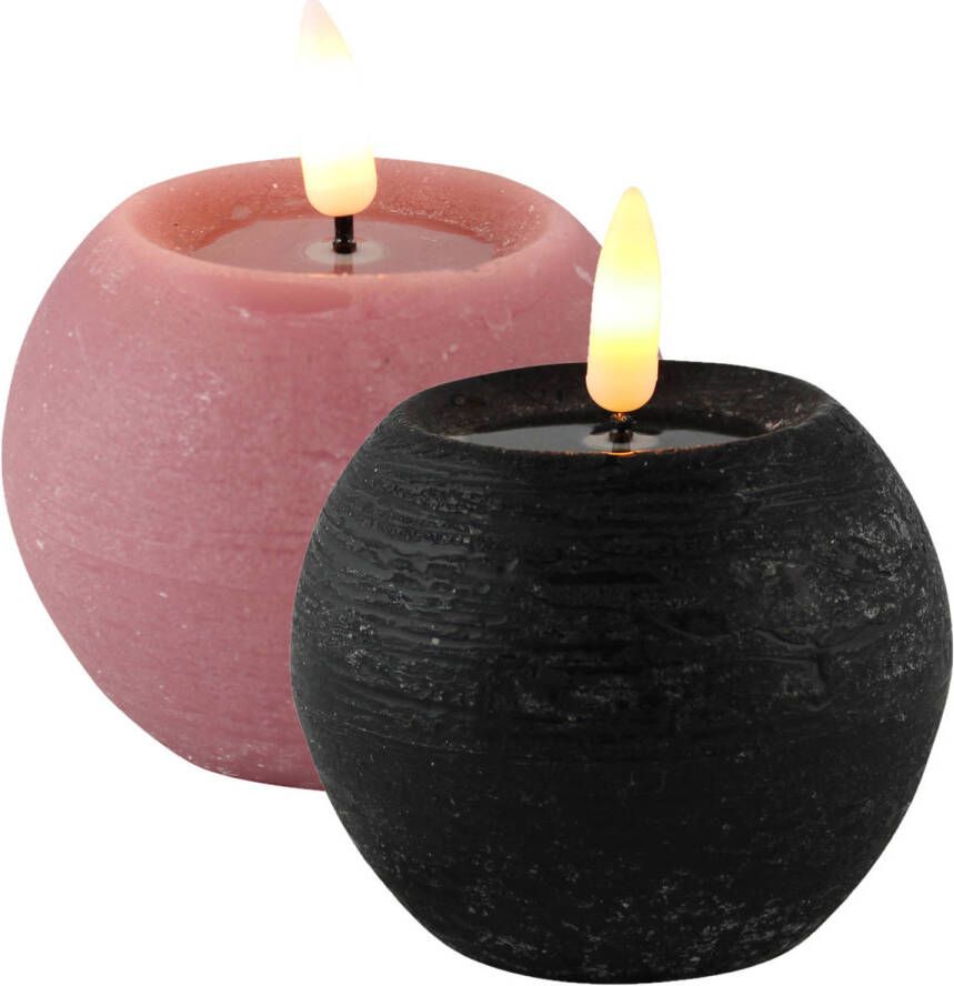 Magic Flame LED kaarsen bolkaarsen 2x- rond zwart en roze -D8 x H7 5 cm LED kaarsen