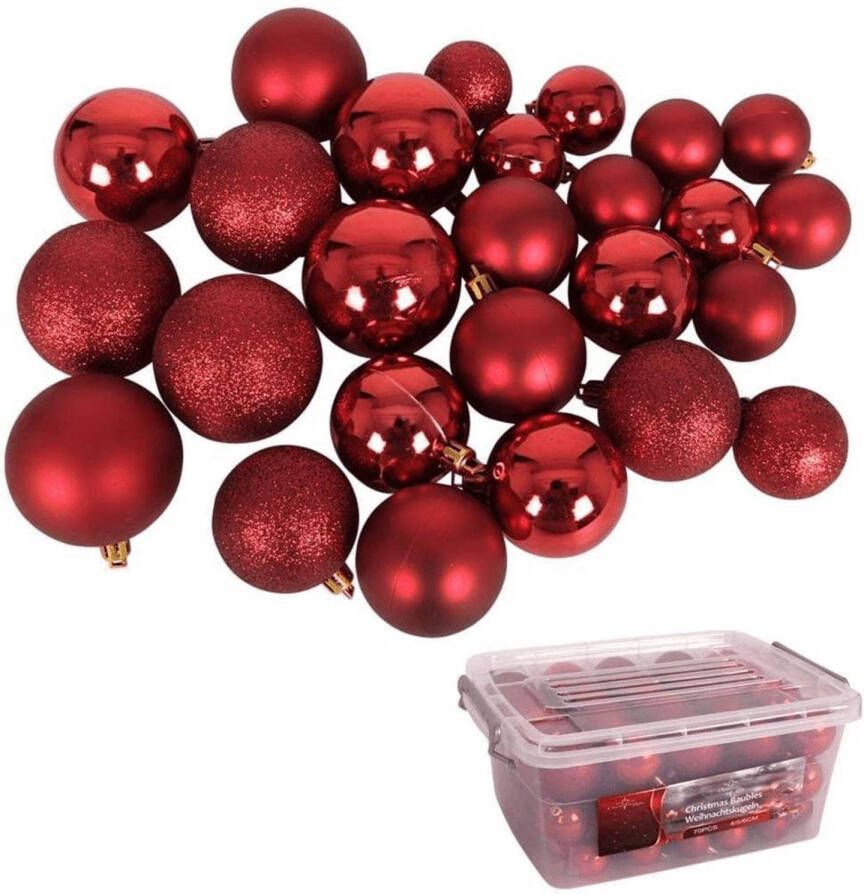 Merkloos Christmas Gifts Kerstballen Set in Opbergbox 70 Stuks Plastic Ø4 5 6 cm Mat Glanzend Glitter Rood