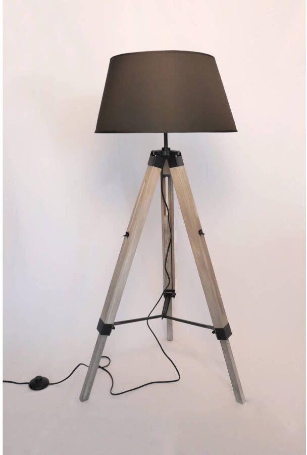 MaxxHome Vloerlamp Lilly Staande lamp Leeslamp Driepoot Hout -145 cm E27 LED 40W Zwart
