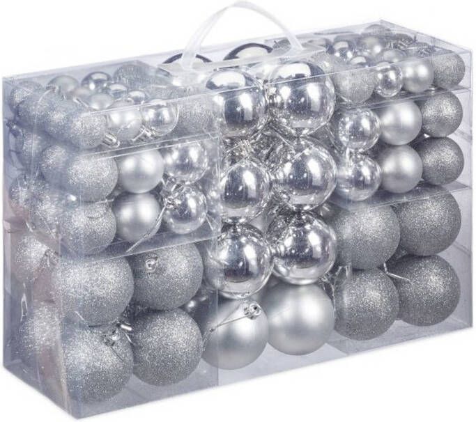 Relaxdays 100x Zilveren kunststof kerstballen 3 4 en 6 cm glitter mat glans Kerstbal