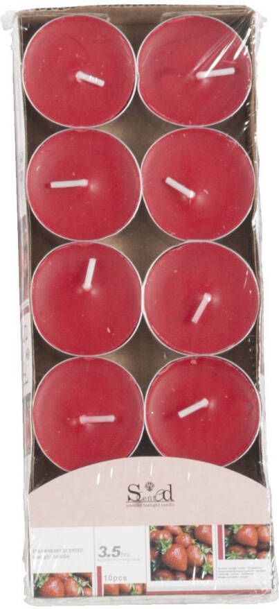 Merkloos 10x Geurtheelichtjes aardbei rood 3 5 branduren Geurkaarsen aardbeiengeur Waxinelichtjes geurkaarsen