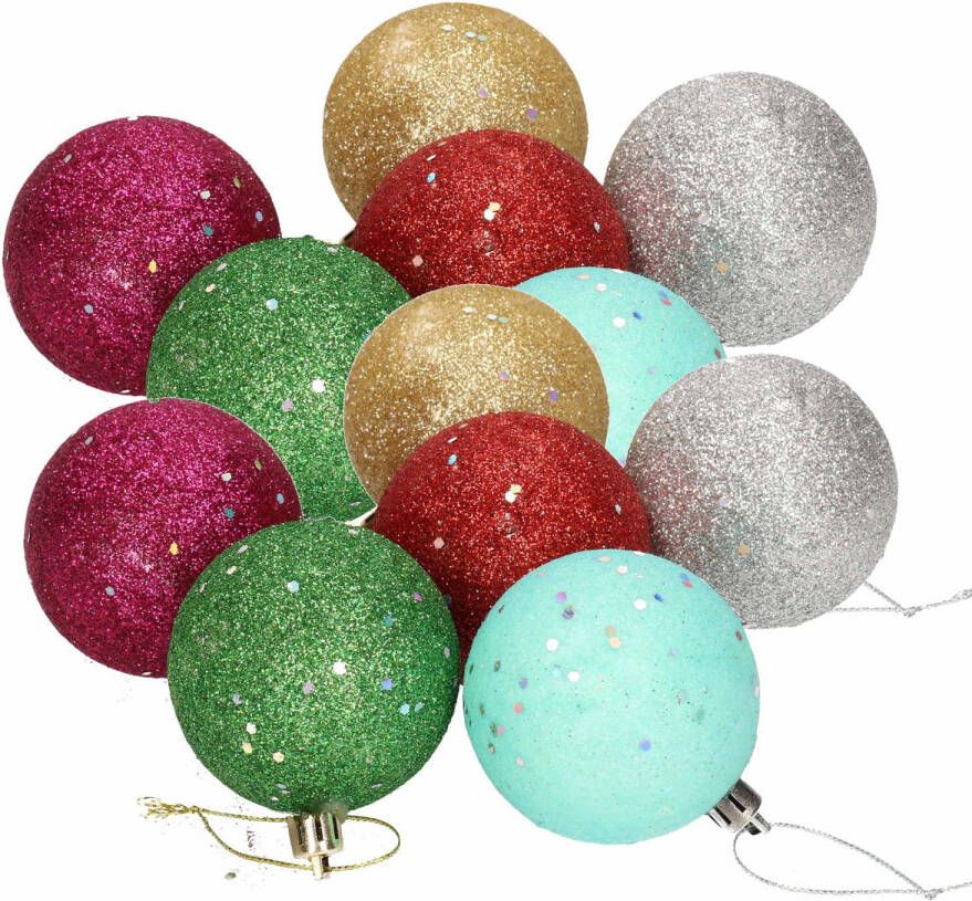 Merkloos 12x Gekleurde onbreekbare kerstballen met glitters 6 cm Kerstbal