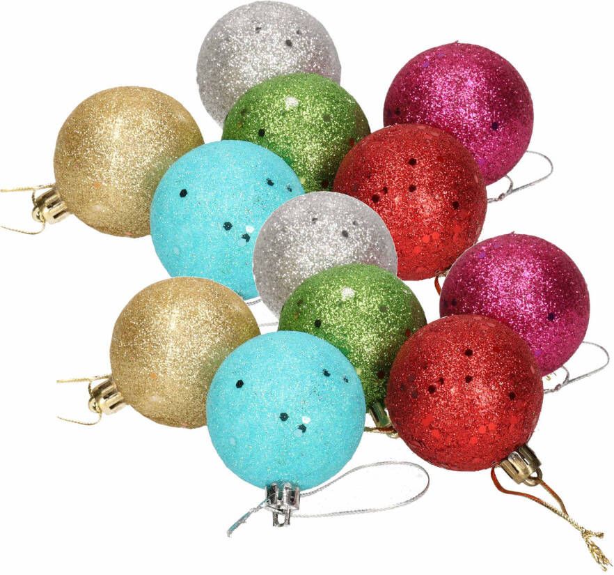 Merkloos 12x Gekleurde onbreekbare kerstballen met glitters 5 cm Kerstbal