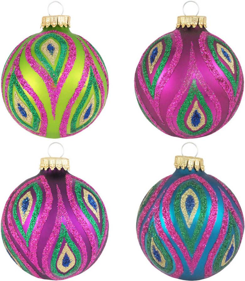 Merkloos 12x Glazen glitter kerstballen in vrolijke kleuren 7 cm Kerstbal