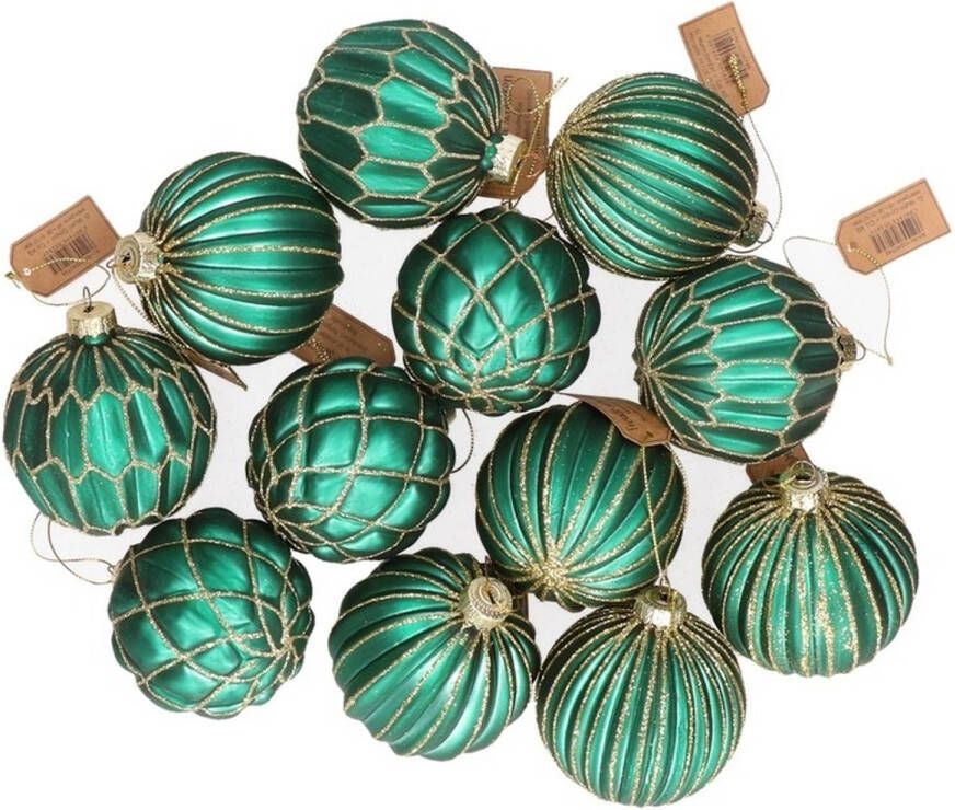 Merkloos 12x Groene glazen kerstballen met zilveren decoratie 8 cm Kerstbal
