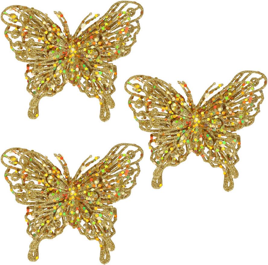 Cosy & Trendy 6x Kerstversieringen vlinders op clip glitter goud 11 cm Kersthangers