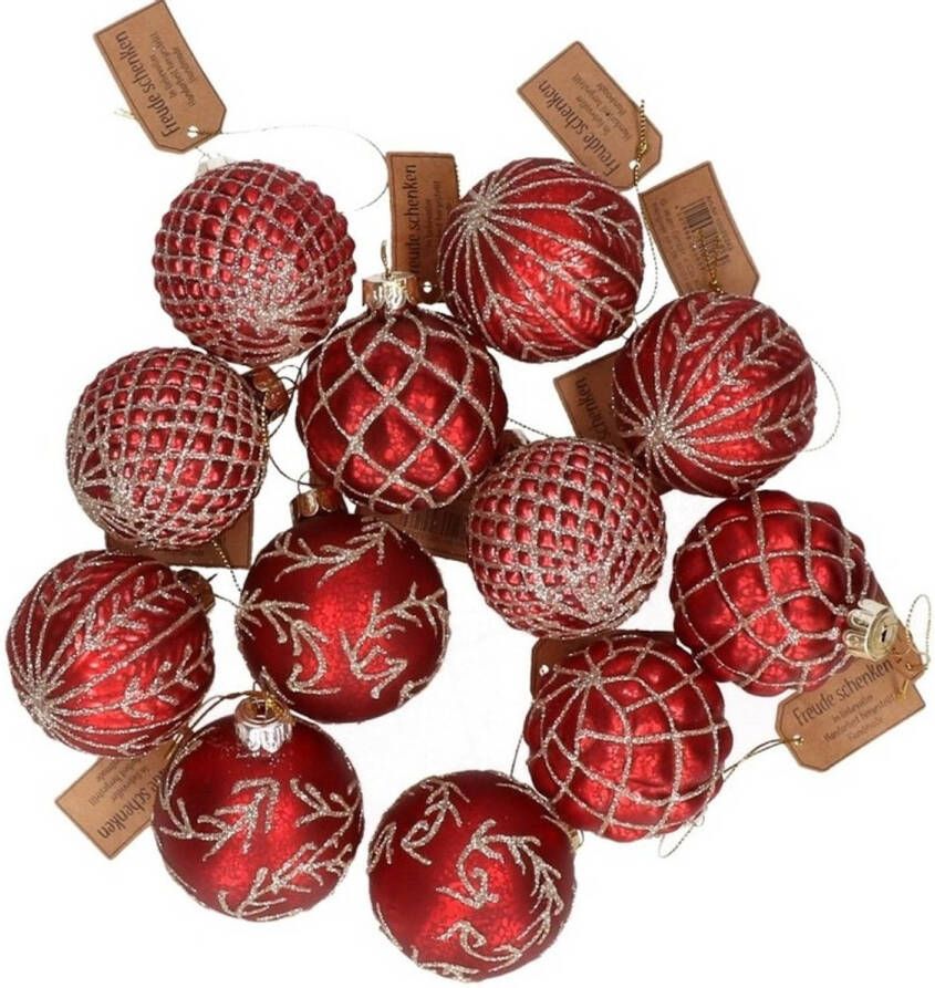Merkloos 12x Rode luxe glazen kerstballen met gouden decoratie 6 cm Kerstbal