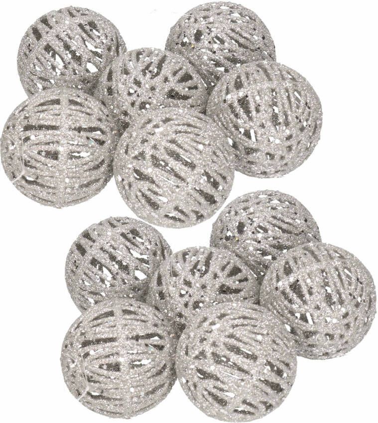 Merkloos 12x Rotan kerstballen zilver met glitters 5 cm kerstboomversiering Kerstbal