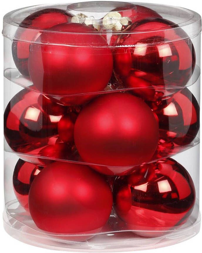 Merkloos 12x stuks glazen kerstballen rood 8 cm glans en mat Kerstbal