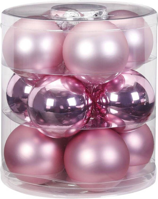 Merkloos 12x stuks glazen kerstballen roze 8 cm glans en mat Kerstbal