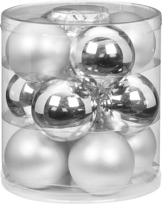 Merkloos 12x stuks glazen kerstballen zilver 8 cm glans en mat Kerstbal