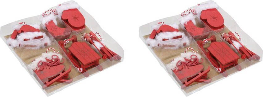 Merkloos 12x stuks houten kersthangers rood wintersport thema kerstboomversiering Kersthangers